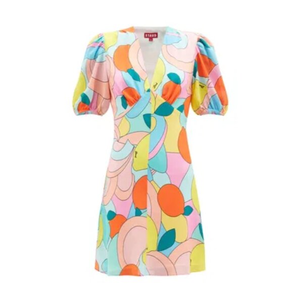 NWT Staud Milla A-line Mini Dress Georgette Allover Multi-Print V-Neck Sz 6 - Picture 2 of 10